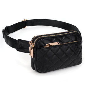 503 Pu Triple Zip Fanny Pack w Quilted Checked mc08