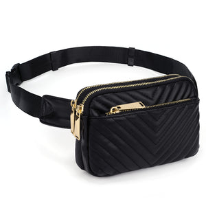 503 Pu Triple Zip Fanny Pack w Quilted Checked mc08