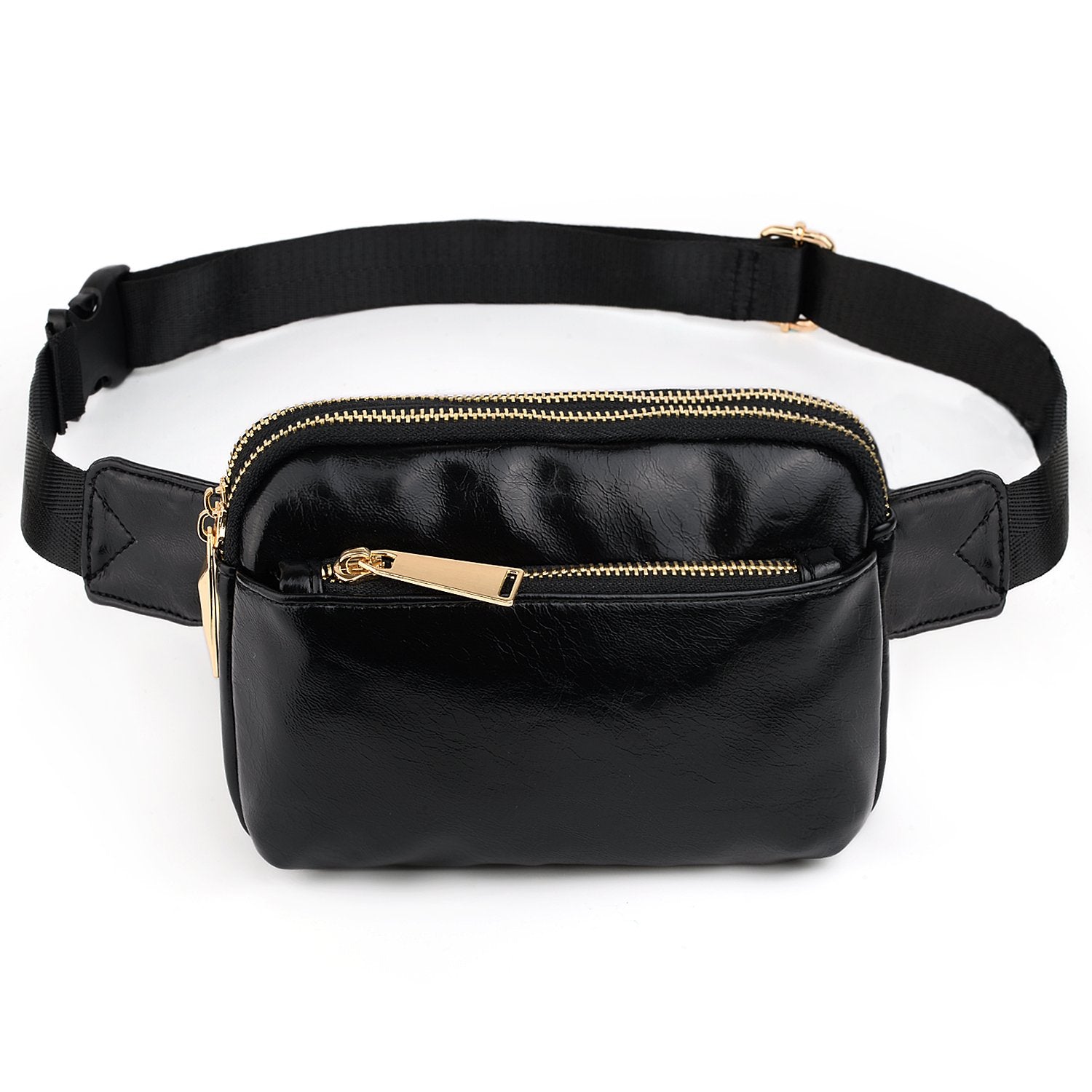 TRI ZIPPER Black Leather Hip Bag Backpack and Fanny Pack w/ Gold